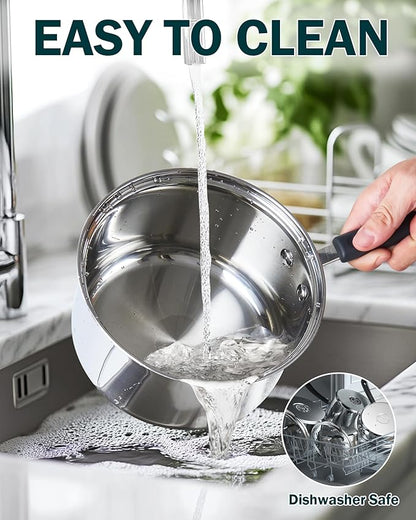Cook N Home 1 & 2 Quart Stainless Steel Saucepan Sets with Lid, Induction Compatible Milk Pots, Stay-Cool Silicone Handle, Mirror Polished 18/10 Cookware, Dishwasher & Oven Safe, Silver - Image 6