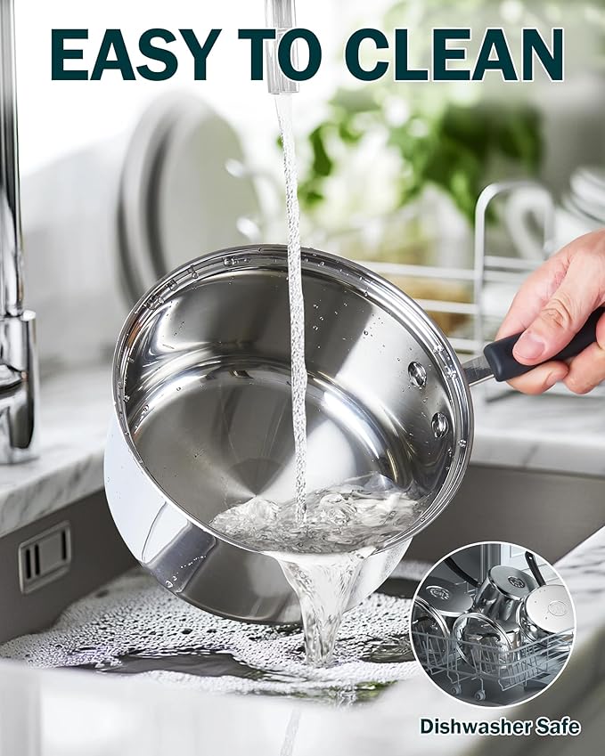 Cook N Home 2 Quart Stainless Steel Saucepan Set with Lid, Induction Compatible Milk Pots, Stay-Cool Silicone Handle, Mirror Polished 18/10 Cookware, Dishwasher & Oven Safe, Silver - Image 6