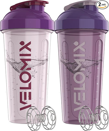VELOMIX -2 Pack- 28 oz Protein Shaker Bottles for Protein Mixes - 2x Wire Whisk | Leak Proof Shaker Cups for Protein Shakes and Pre Workout | Protein Shaker Bottle Pack (B7) Purple Mix