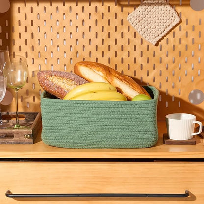 MiniArk Small Storage Baskets for Organizing | Closet Organizer Bins | Shelf Toy Basket | Woven Rope Baskets | Cube Decorative Box | Shallow Basket | 13x8.5x5.1” | 3 Packs Green