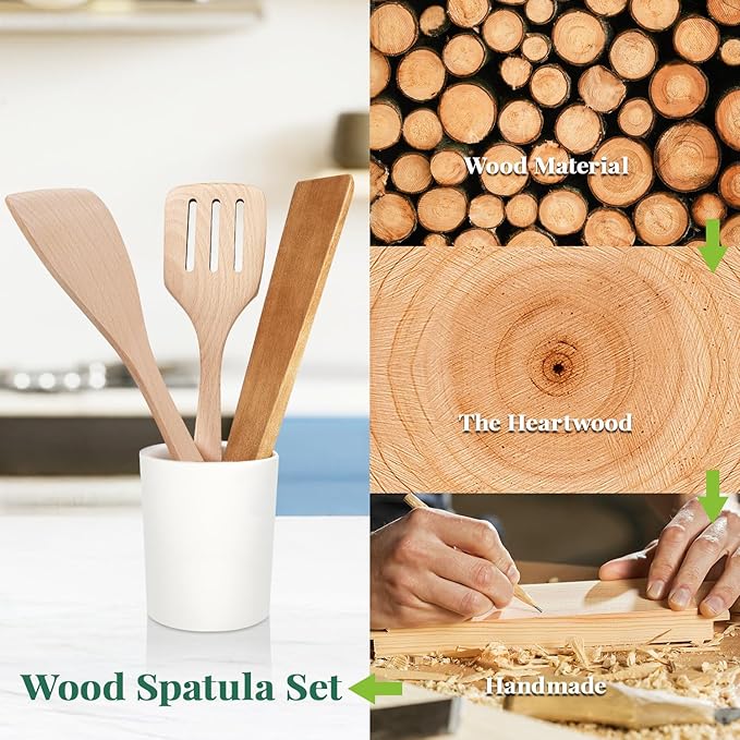 3Pcs Wooden Spatulas, 12inch Long Handle Slotted Turner Spatula Set, Uncoated Beech Wood Cooking Spoons for Non-Stick Cookware, Kitchen Utensils Set for Frying, Flipping, Scraping and Turning - Image 5