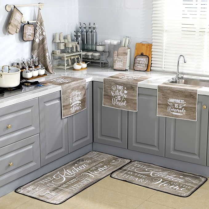 Fourluoo 10 Pcs Farmhouse Kitchen Decor and Accessories Set 4 Kitchen Towels 2 Pot Holders 2 Oven Mitts 2 Rugs for Cooking Baking Mom Housewarming Gifts(Brown,Classic Style) - Image 8