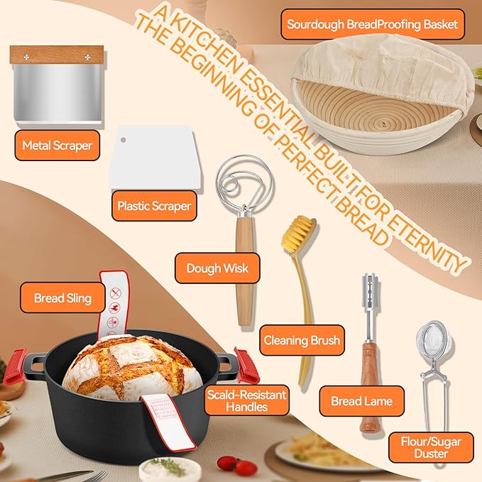 Cast Iron Dutch Oven for Bread Baking, Banneton Bread Proofing Basket Sourdough Bread Baking Supplies, 2-in-1 Dutch Oven Pot with Skillet Lid Cooking Pan Handles Lame, 5QT