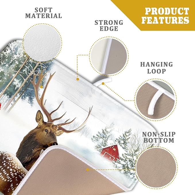 Giwawa Winter Deer Dish Drying Mat 16"x18" Xmas Tree Bird Holly Berry Dish Drainer Mats Elk Moose Snow Cottage Farmhouse Reversible Small Dish Drying Pad Protector for Kitchen Countertop Decor