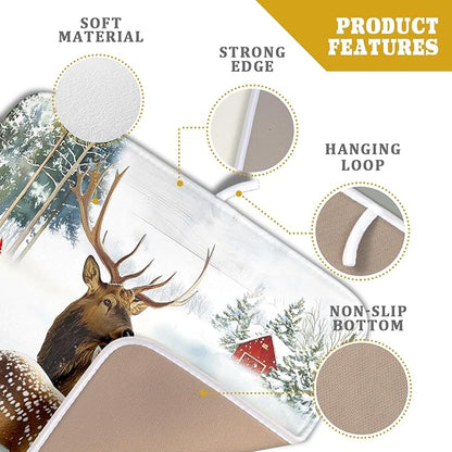 Giwawa Winter Deer Dish Drying Mat 16"x18" Xmas Tree Bird Holly Berry Dish Drainer Mats Elk Moose Snow Cottage Farmhouse Reversible Small Dish Drying Pad Protector for Kitchen Countertop Decor