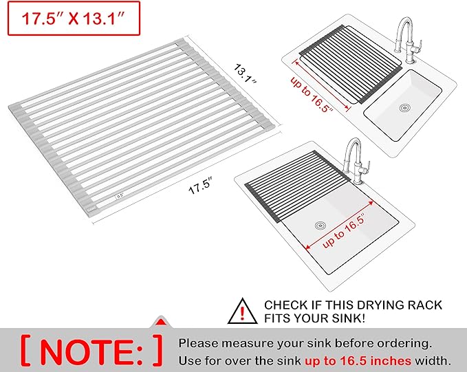 Surpahs 17.5 x 13.1 Inch Roll-Up Dish Drying Rack, Fits Across Sink Openings up to 16.5 Inches, Heavy-Duty Premium Silicone, Strong Support, Non-Slip, Heat-Resistant, Warm Gray - Image 2