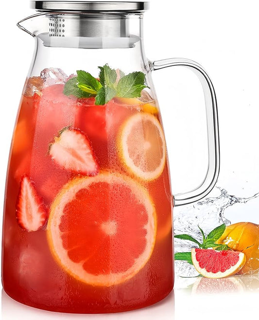 Glass Pitcher with Lid, 2 Liter 68oz Water Pitcher with Handle and Spout for Fridge, Borosilicate Glass for Iced Tea, Juice, Sangria, Cold/Hot Beverage, Large Jug by Potdoctor