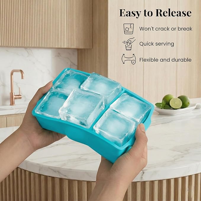 KitchFort Large Silicone Ice Cube Tray (2-Pack), Easy Release 2" Big Ice Cubes - Cocktail, Whiskey Ice Cubes Mold - Ice Trays for Freezer with Lid - Stackable Silicone Ice Tray - Turquoise - Image 3