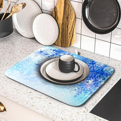Giwawa 16"x18" Winter Blue Snowflakes Dish Drying Mat Christmas Snow Falling Nature Ice Dish Drainer Mats for Kitchen Microfiber Reversible Dish Drying Rack Pad for Countertop Tabletop Decor