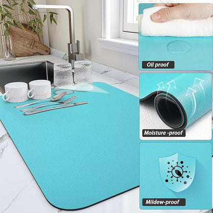 HotLive Dish Drying Mat for Kitchen Counter, Heat Resistant Drainer Mats with Non-slip Rubber Backed, Hide Stain Kitchen Super Absorbent Draining Mat, Easy to Clean Dish Rack Pad, Teal 16"x18" - Image 3