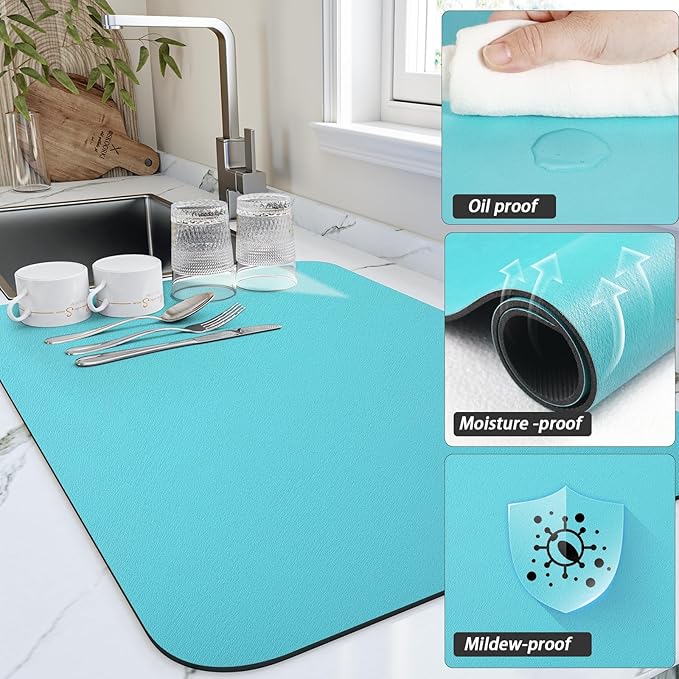 HotLive Dish Drying Mat for Kitchen Counter, Heat Resistant Drainer Mats with Non-slip Rubber Backed, Hide Stain Kitchen Super Absorbent Draining Mat, Easy to Clean Dish Rack Pad, Teal 18"x32" - Image 3