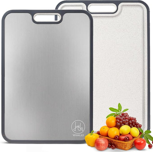 3 in 1 Titanium Cutting Board for Kitchen – Large 16”×11” Double-Sided Food Grade Cutting Board - Pure Titanium and Wheat Straw PP, Non-Slip Base, Built-in Juice Groove & Grinder, Easy to Clean