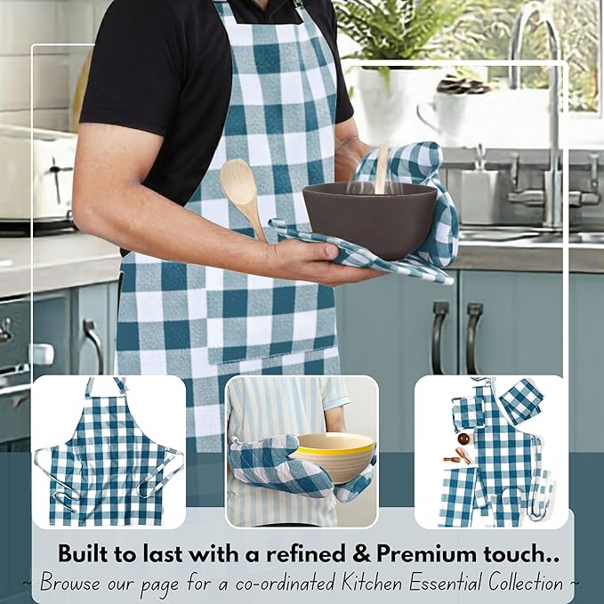 Native Fab Buffalo Plaid Check Oven Mitts and Pot Holders Set of 4, 100% Cotton Heat Resistant Kitchen Gloves, 2 Oven Mitts (7x13), 2 Pot Holders (8x8) for Cooking & Baking, Teal Green White - Image 3