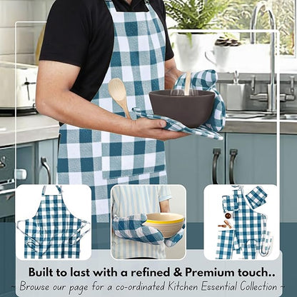 Native Fab Buffalo Plaid Check Oven Mitts and Pot Holders Set of 4, 100% Cotton Heat Resistant Kitchen Gloves, 2 Oven Mitts (7x13), 2 Pot Holders (8x8) for Cooking & Baking, Teal Green White - Image 3