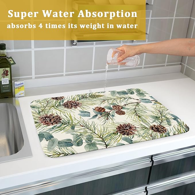 Winter Christmas Dish Drying Mat for Kitchen Counter 18x24 Evergreen Leaves Pinecone Holiday Theme Absorbent Reversible Microfiber Drying Mats Kitchen Countertop Protector Dishes Drainer Pad - Image 7
