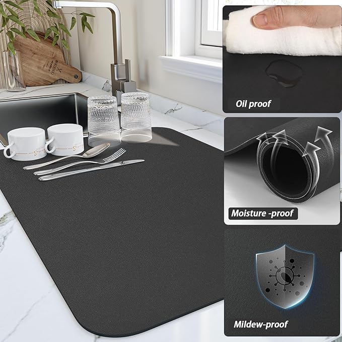HotLive Dish Drying Mat for Kitchen Counter, Heat Resistant Drainer Mats with Non-slip Rubber Backed, Hide Stain Kitchen Super Absorbent Draining Mat, Easy to Clean Dish Rack Pad, Black 16"x20" - Image 3