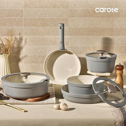Carote 20pcs Ceramic Cookware Set with Detachable Handles, Pots and Pans Set Non Stick, RV Kitchen Cooking Pot and Pan, Dishwasher Safe, Non-toxic Induction Cookware PFAS and PFOA Free, Grey - Image 8