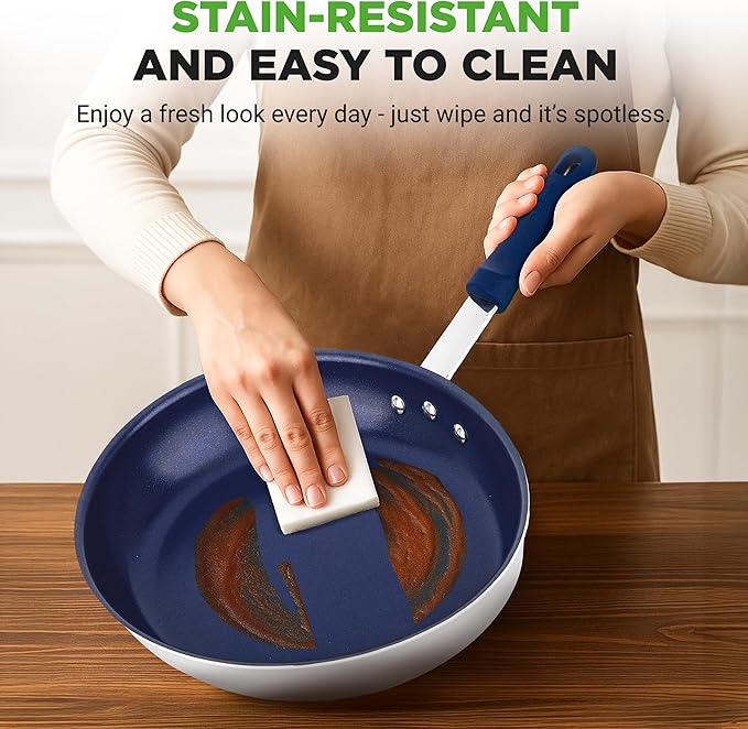 NutriChef 12" Fry Pan With Lid - Large Skillet Nonstick Frying Pan with Silicone Handle, Ceramic Coating, Blue Silicone Handle, Stain-Resistant, Easy To Clean, Professional Home Cookware