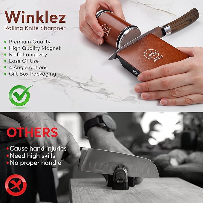 Rolling Knife Sharpener with Diamond and Ceramic Discs, Adjustable Kitchen Knife Sharpenier with 10°, 12°, 17° & 25° Magnetic Angles, Strong and Durable Knife Sharpener (Brown) - Image 6