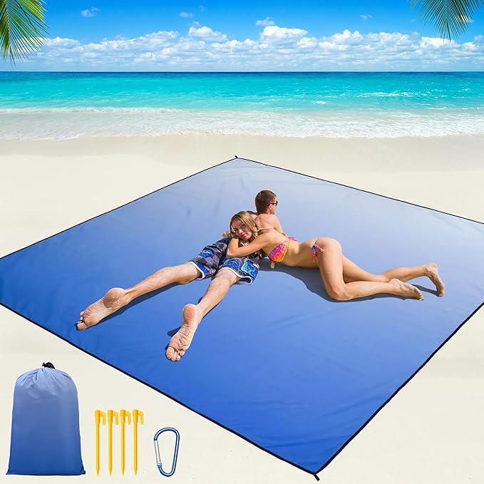 WIWIGO Beach Blanket Waterproof Sandproof Beach Mat 79" X 83"/10'x9'for 2-8 Adults Quick Drying Outdoor Picnic Mat Beach Accessories for Travel, Camping, Hiking by WIWIGO