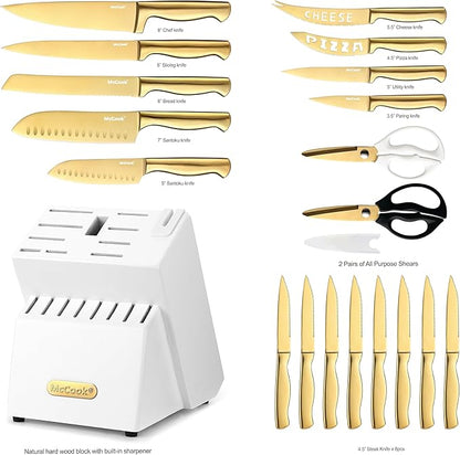 McCook® Kitchen Knife Sets, Golden Titanium Stainless Steel Knives Block Set with Built-in Sharpener - Image 2