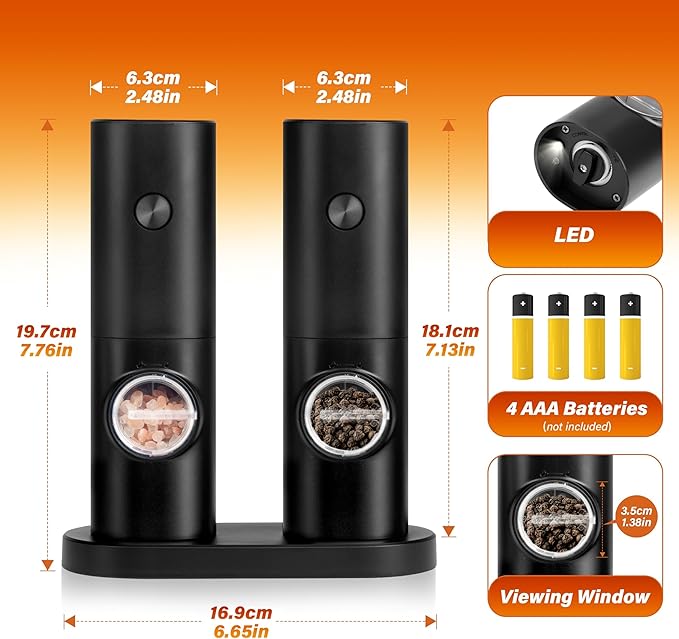 Simple Deluxe Electric Salt and Pepper Grinder Set, One Hand Adjustable Coarseness, Battery Powered, Seasoning Tools for Kitchen, Dining or Gifts, Black - Image 3