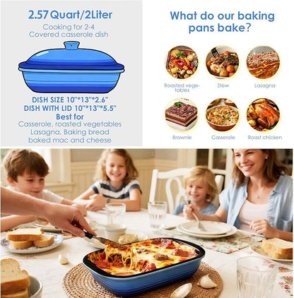 Ceramic Casserole Dish with Lid – 9x13 Stoneware Baking Dish with Lid for Oven, 2.57 Qt Large Deep Casserole Dishes for Oven, Non-Stick Glazed Covered Deep Casserole Dish Lasagna Pan, Dishwasher Safe, Gift for Home Chef (Blue)