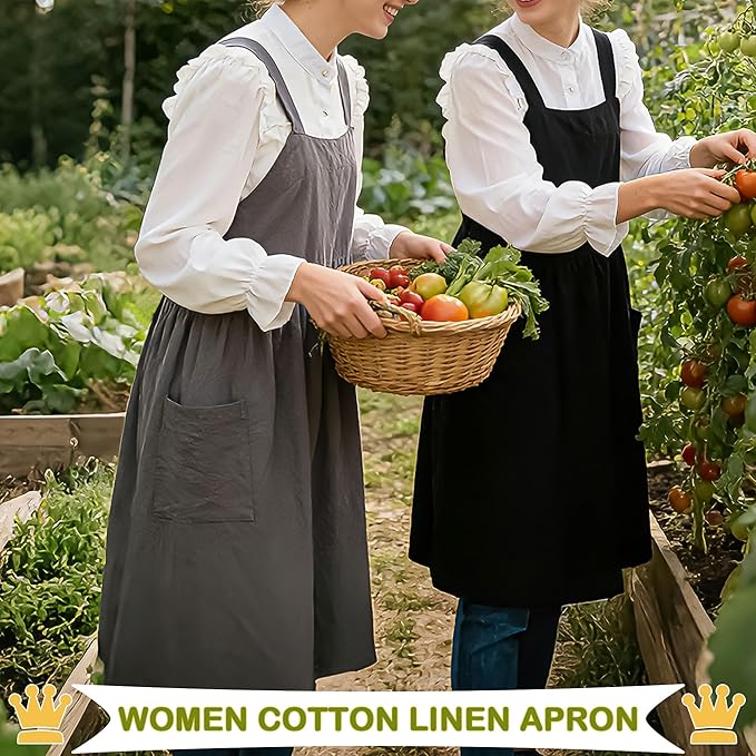 Uaussi Cotton Linen Apron Cross Back Work Apron for Women with Pockets Pinafore Dress X Cross Halter Apron for Chef Gardening - Image 3