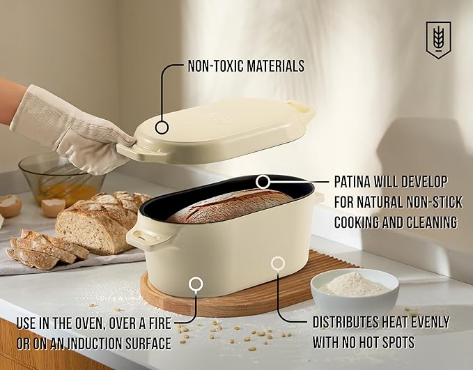 Kook Dutch Oven, for Bread Baking, Sourdough Loaf Pan, Dual Handles, Enameled Cast Iron, with Sling, Dishwasher Safe, Oven safe 500F, 3.4 Qt, Ivory - Image 3