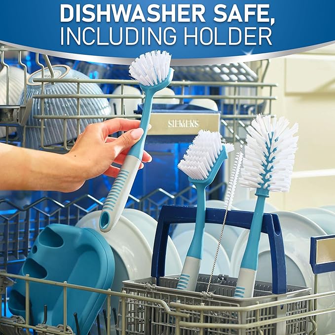Dish Brush Set of 5 with Convenient Holder, Bottle Water Brush, Dish Scrub Brush, Scrubber Brush and Straw Brush - Kitchen Scrub Brushes Non Slip Long Handle for Sink Dishes Cup Pot - Image 7
