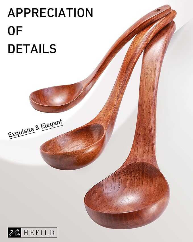 Wooden Ladles Set of 3 – Wood Ladles for Serving Soups and Stews, Includes 3oz, 2oz, 0.9oz – Soup Spoons and Large Kitchen Spoons for Cooking and Stirring