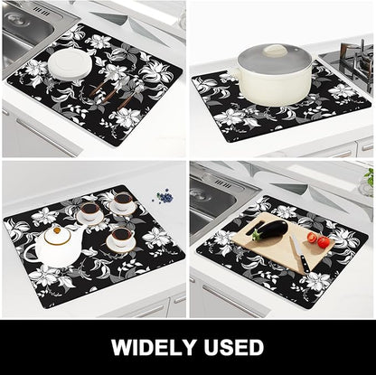 Rnivvi Dish Drying Mat for Kitchen Counter, 16 x 18" Cute Flower Theme Absorbent Heat Resistant Drying Pad with Non-slip Rubber, Coffee Bar Mats for Dish Rack Kitchen Accessories, Black White - Image 7
