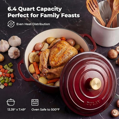 Zulay Kitchen 6 Quart Enameled Cast Iron Dutch Oven Pot with Lid – Premium Durability & Oven Safe up to 500°F – Heavy Duty Cookware Perfect for Bread Baking, Stews, Braising & Roasting – Garnet - Image 6