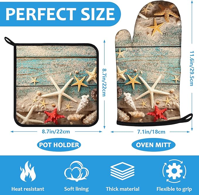 Beach Shells Starfish Oven Mitts and Pot Holders Sets Heat Resistant 4Pcs Potholders Oven Gloves Hot Pads for Kitchen Baking Cooking Grilling BBQ
