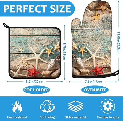 Beach Shells Starfish Oven Mitts and Pot Holders Sets Heat Resistant 4Pcs Potholders Oven Gloves Hot Pads for Kitchen Baking Cooking Grilling BBQ