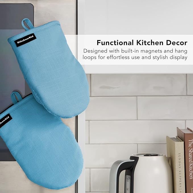 KITCHENAID Gourmet Series Gridlines Mini Oven Mitts 2-Pack Set, Heat Resistant up to 600°F, Soft Silicone Grip, Magnetic Cuff, Blue Velvet, 5.5"x9" - Image 6