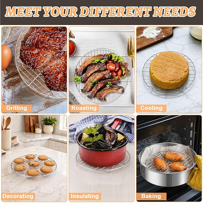 P&P CHEF Round Cooking Rack, 3 Pcs Stainless Steel Baking Cooling Steaming Grilling Rack, Fits Air Fryer/Stockpot/Pressure Cooker/Round Cake Pan, Oven & Dishwasher Safe (7.5 + 9 + 10.5 Inch) - Image 5