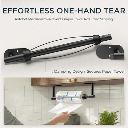 FORIOUS Paper Towel Holder Under Cabinet, One Hand Operable with Ratchet System for Easy Tear, Adhesive or Drill Wall Mount, SUS304 Commercial Paper Towel Holder for Kitchen Bathroom, Matte Black - Image 2