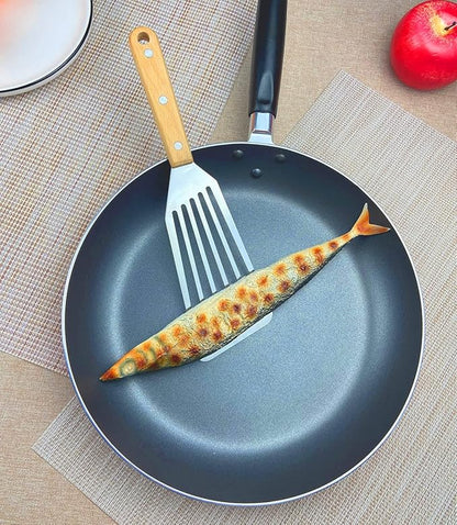 KLAQQED Fish Spatula Set for Nonstick Cookware Flexible Metal Fish Spatula Stainless Steel Small Fish Slotted Spatula Turner with Wood Handle