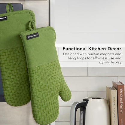 KITCHENAID Gourmet Series Gridlines Oven Mitts 2-Pack Set, Heat Resistant up to 600°F, Soft Silicone Grip, Magnetic Cuff, Matcha Green, 7"x14"