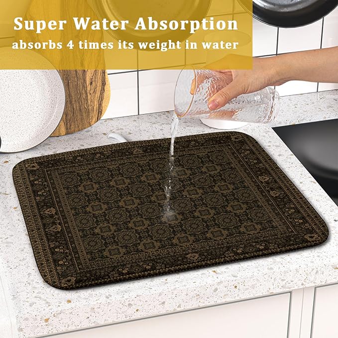 Brown Antique Tabriz Rug Dish Drying Mat for Kitchen Counter,Retro Turkish Vintage Floral Block Print Drying Mat 16 x 18 Inch with Absorbent Reversible Microfiber Drying Pad for Coffee Bar - Image 7