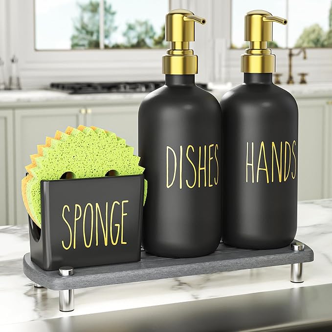 Cisily Kitchen Soap Dispenser Set Comes with Ceramics Sponge Holder, Gold Pumps, and Instant Dry Tray, Hand and Dish Soap Dispenser Set (4, Gold + Black + Sponge Holder) by CISILYHOMELIFE
