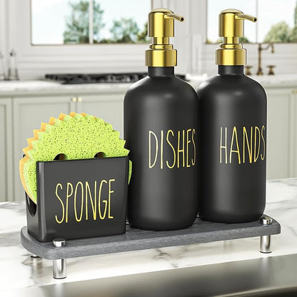 Cisily Kitchen Soap Dispenser Set Comes with Ceramics Sponge Holder, Gold Pumps, and Instant Dry Tray, Hand and Dish Soap Dispenser Set (4, Gold + Black + Sponge Holder) by CISILYHOMELIFE