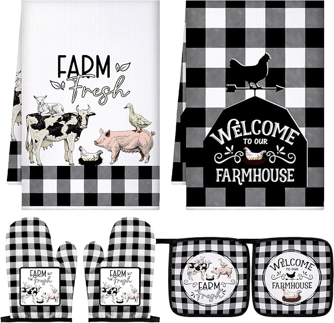Bencailor 6 Pcs Farm Kitchen Towels Oven Mitts and Pot Holders Decorative Dish Towels Tea Non Slip Heat Resistant Oven Gloves for Summer Home Cooking Dish Baking BBQ, Black, White by Bencailor