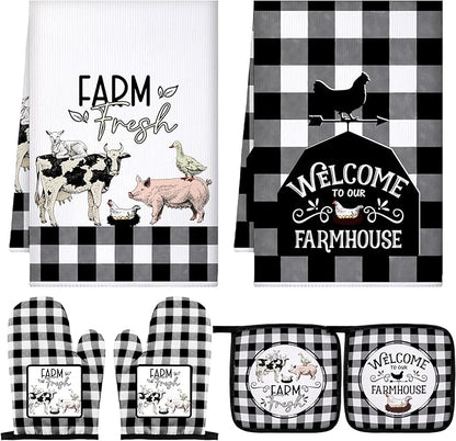 Bencailor 6 Pcs Farm Kitchen Towels Oven Mitts and Pot Holders Decorative Dish Towels Tea Non Slip Heat Resistant Oven Gloves for Summer Home Cooking Dish Baking BBQ, Black, White by Bencailor