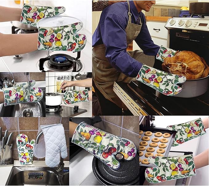 Oven Mitts Set of 2 with Transparent Clear Silicone Shell and Nice Friut Flower Cotton Lining, Heat Resistant to 500 F Kitchen Oven Gloves Pot Holder for Cooking (Friut Flower, Oven Mitts) - Image 6