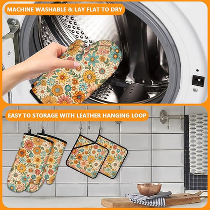 Boho Floral Oven Mitts and Pot Holders Sets 4Pcs,Extra Long Oven Gloves Potholder for Kitchen Cooking Baking BBQ 100% Cotton Heat Resistant - Image 5