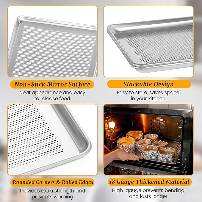 6 Pack Half Size Aluminum Perforated Baking Sheet Pan, 13"×18" Cookie Sheets For Oven in Bakery, Restaurant & Kitchen - Image 3