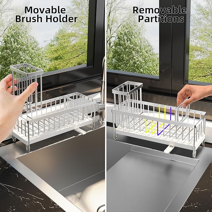 Moforoco Larger Version Sponge Holder for Kitchen Sink, Sink Caddy with High Brush Holder, Kitchen Sink Organizer Countertop Rustproof 304 Stainless Steel (Stainless Steel) - Image 4