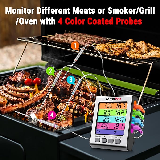 TempPro TP17H Digital Meat Thermometer with 4 Temperature Probes, HI/Low Alarm Smoker Food Thermometer with Colored Backlit LCD, BBQ Thermometer for Cooking Grill Kitchen Oven (Previously ThermoPro) - Image 2